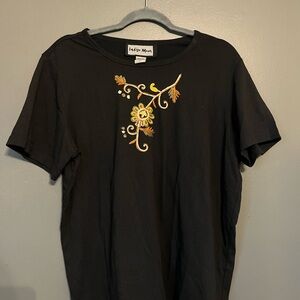 Indigo Black Tee with Floral Embroidery